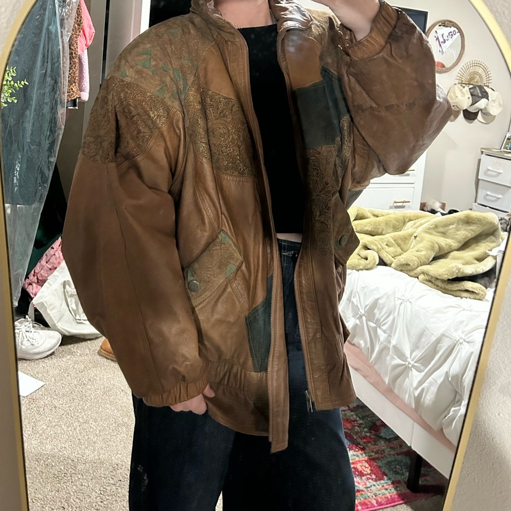100% Leather Brown Patchwork Jacket - image 6